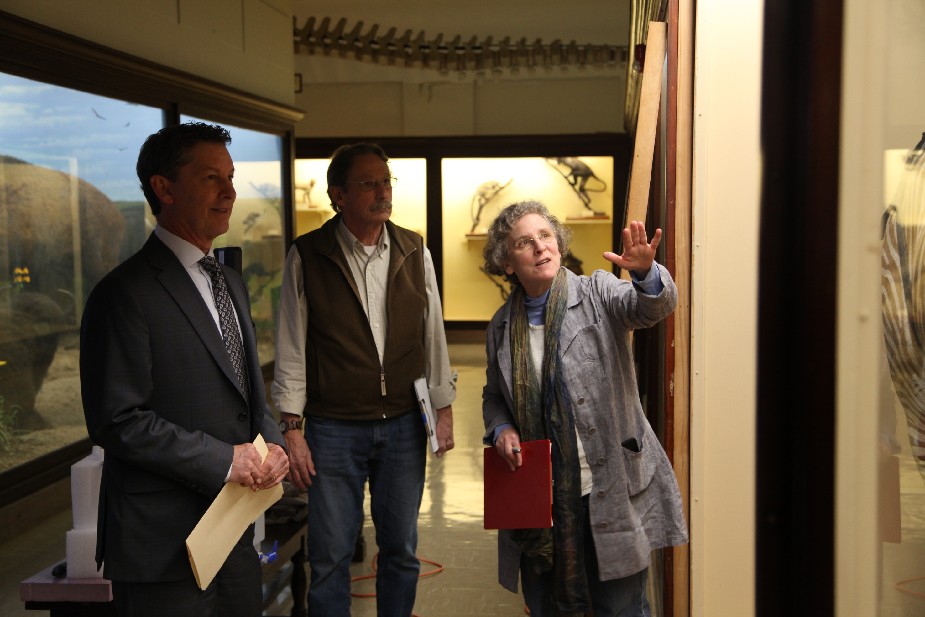 Preliminary findings from conservators are shared with Provost Kregal in Mammal Hall of Museum of Natural History