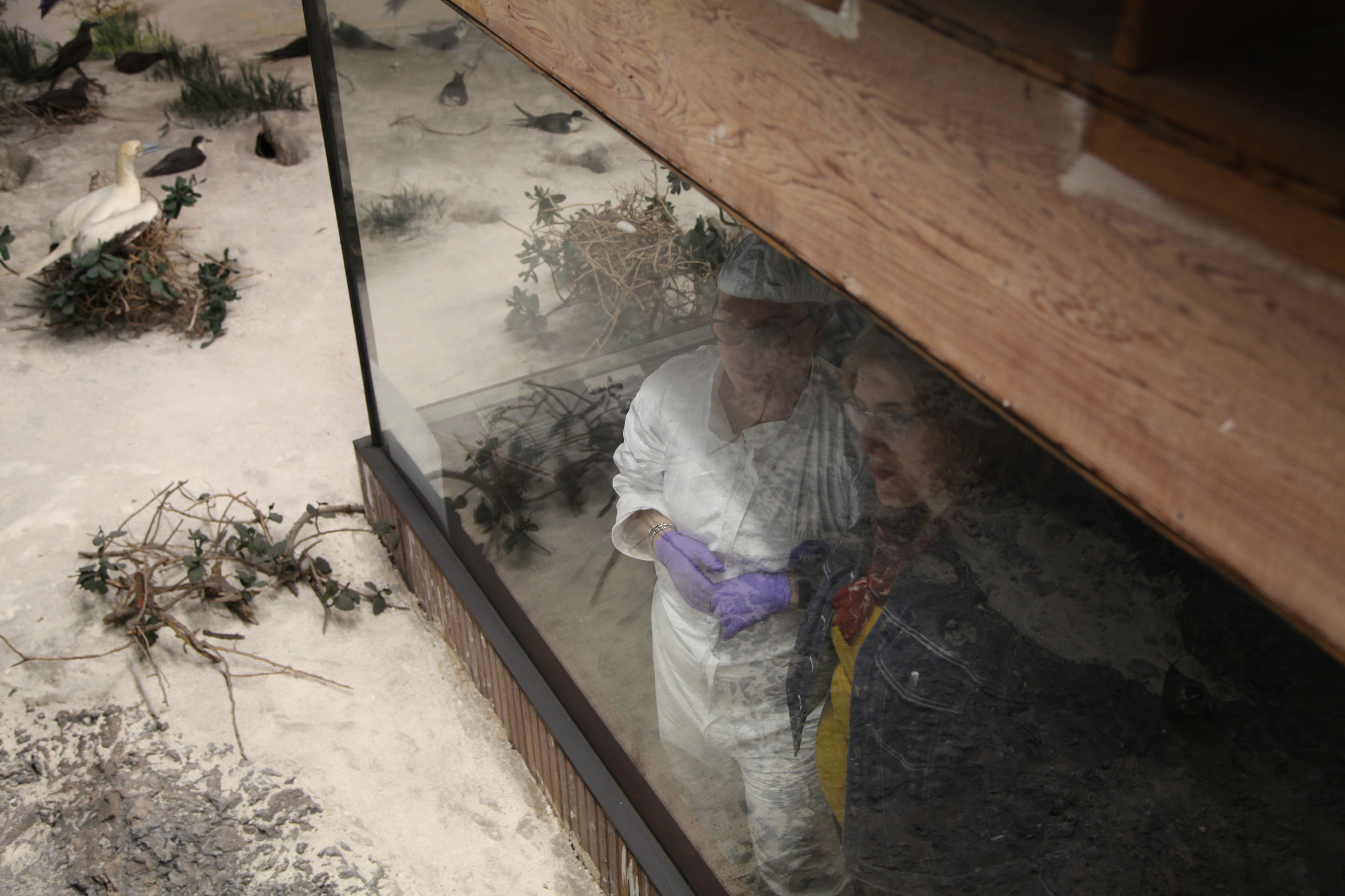 Nina Roth-Wells converses with museum director Liz Crooks in preparation for assessment of cyclorama mural