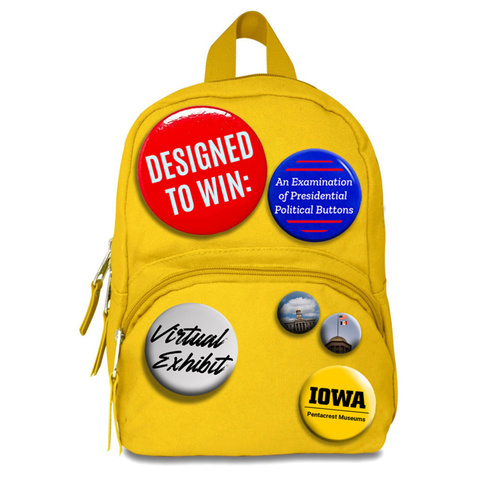 Designed To Win exhibit promotional photo with backpack and campaign style buttons with text featuring the exhibit title and UIPM logo