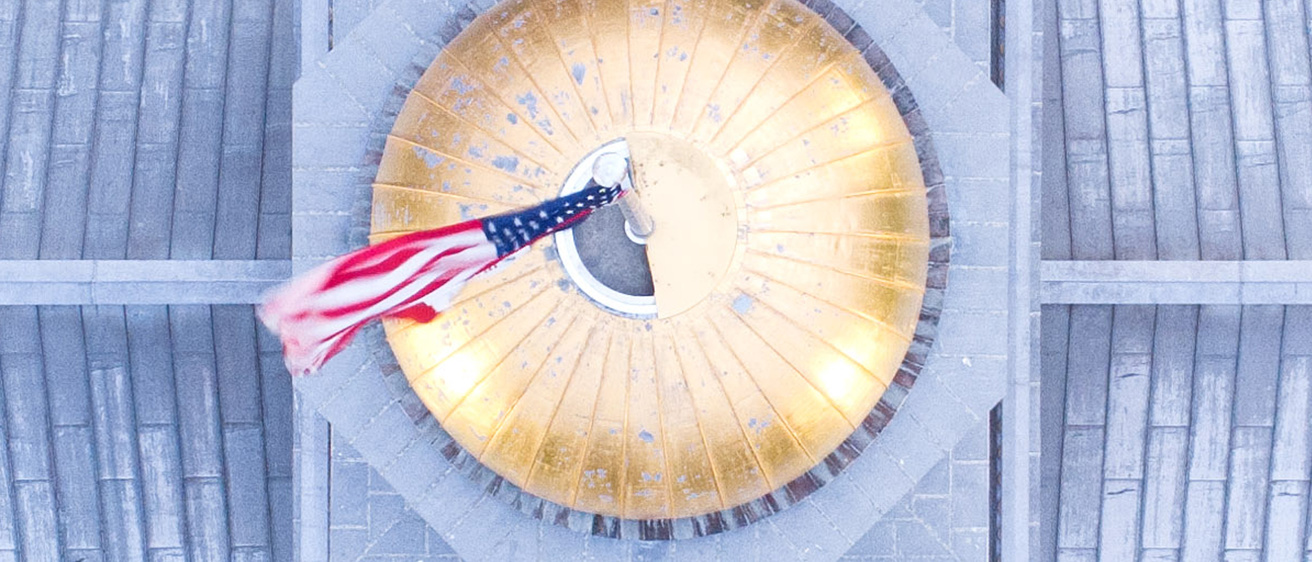 Bird's eye view of the Old Capitol Museum's gold dome. Photo by Justin Torner, 2020