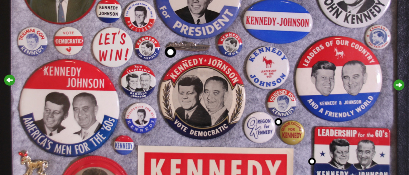 Photo of virtual exhibit page featuring buttons from Kennedy presidential campaign era