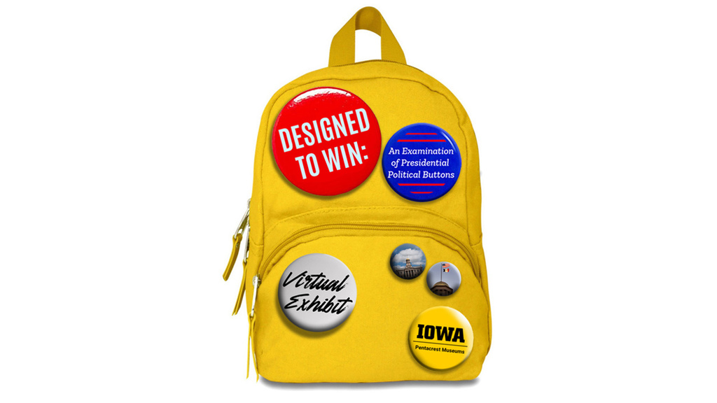 Exhibit promotional graphic, backpack with campaign style buttons featuring exhibit title text and the UIPM logo